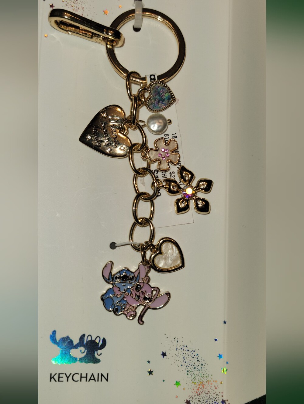 Disney Stitch & Angel Gold-Tone Charm Keychain with Pink and Blue Accents